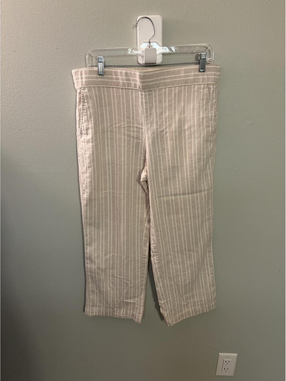 Ann Taylor Factory Petite Striped Cropped Pull-On Pants Beige White